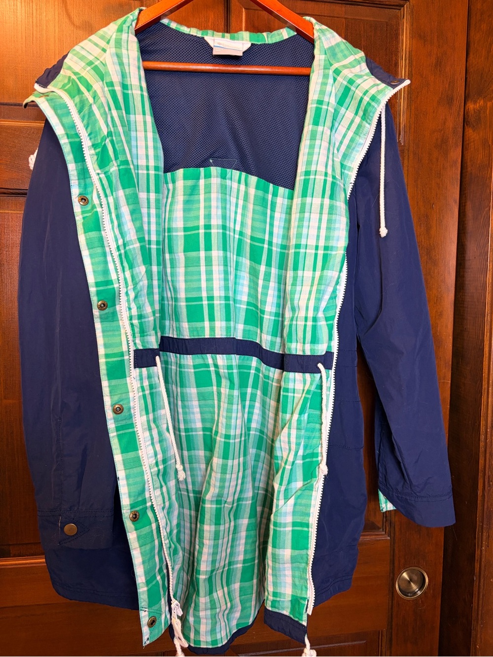 Navy Rain Coat Plaid Heritage Checks Gingham Cotton Lined Hood Pockets Columbia - Picture 7 of 14
